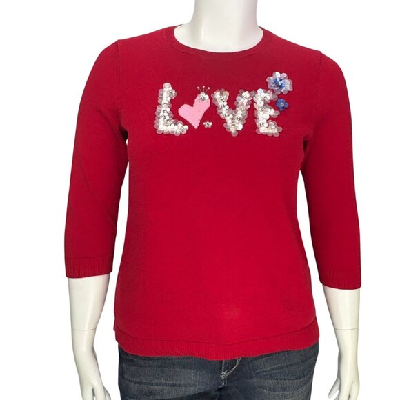 Talbots Womens Pullover Sweater Love Sequin Beaded Valentines Red Size L - Picture 3 of 12